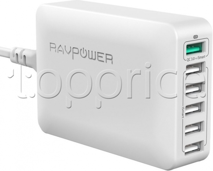 Фото Сетевое З/У RavPower 60W 6xUSB Charging Station Qualcomm Quick Charge 3.0 White (RP-PC029WH)