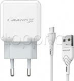 Фото Сетевое З/У USB Grand-X 2.1A + кабель Micro USB White (CH-03UMW)