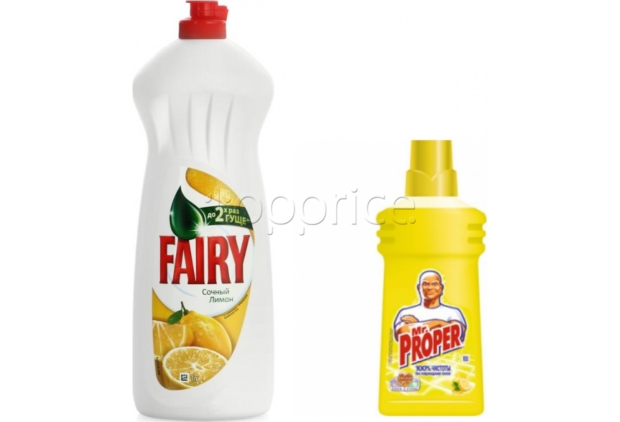 Фото Ср-во для мытья посуды Fairy Сочный лимон 1л + Ср-во чистящее жидкое Mr. Proper Лимон 500мл